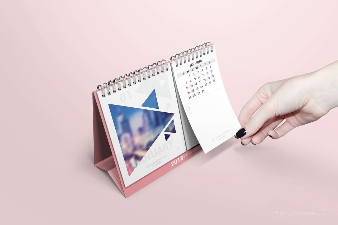 两边台历桌面粉色日历台历设计样机 (1)