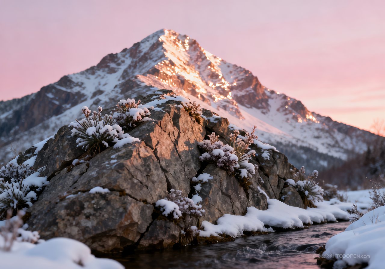 雪景唯美冬季河流山水风景山峰冬天
