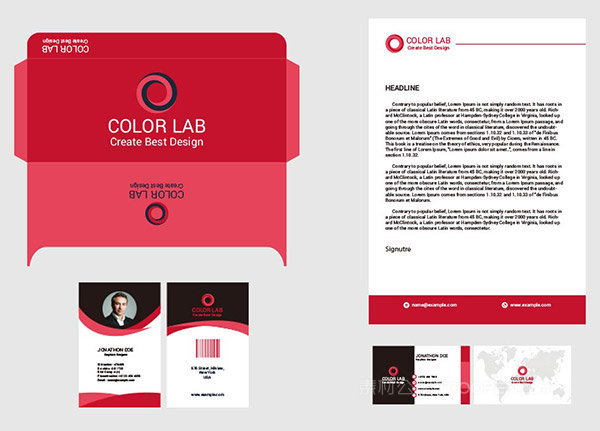 红色简约企业视觉元素信封信头工作证名片