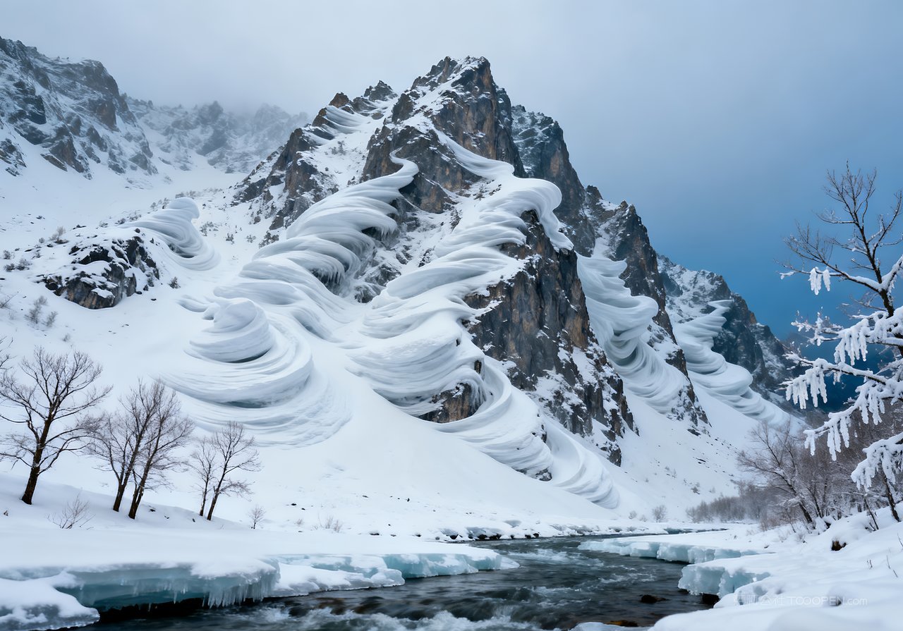 河流雪景风景冬季山峰冬天山水自然唯美