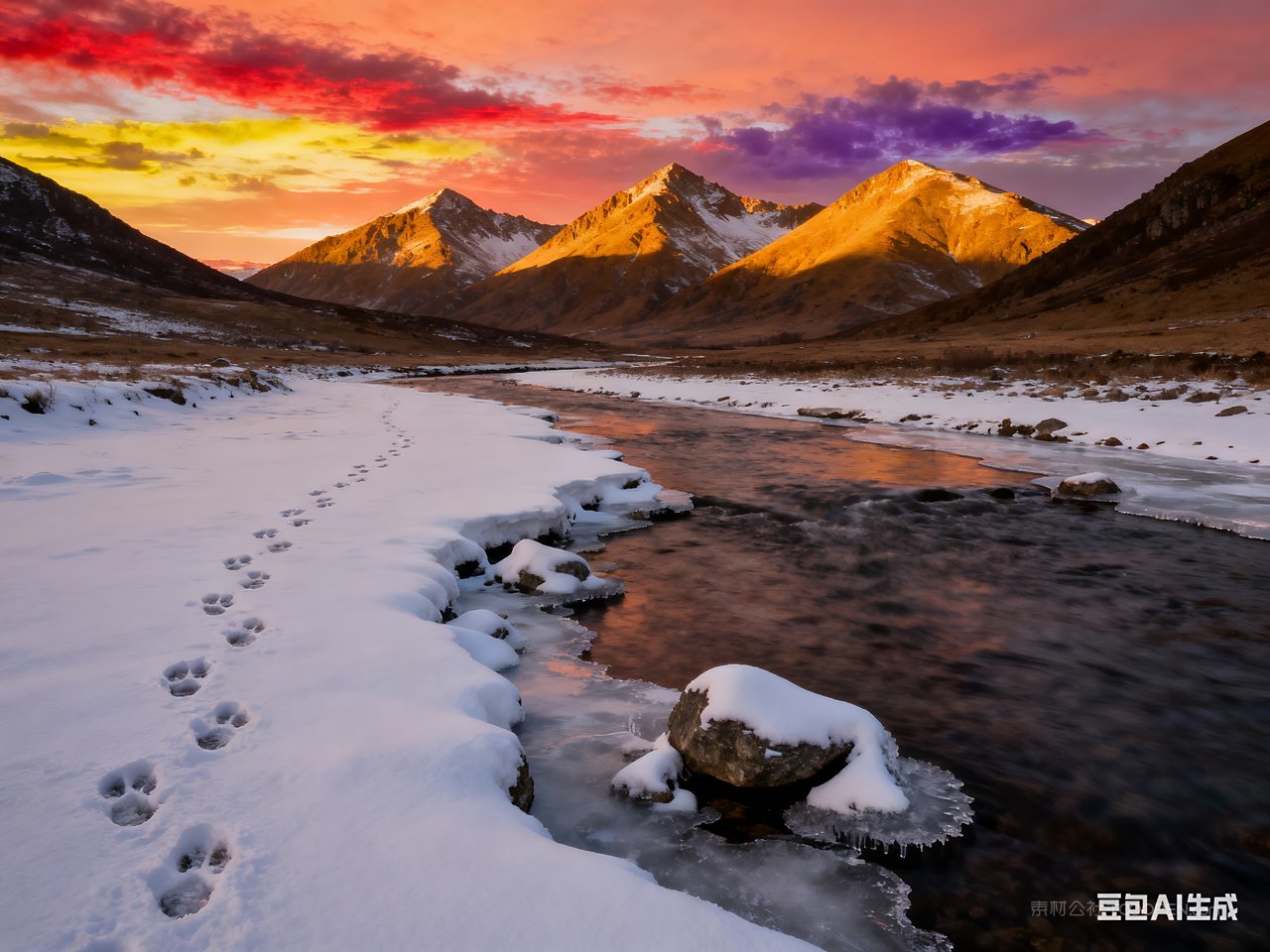 风景山峰雪景唯美山水冬天河流冬季