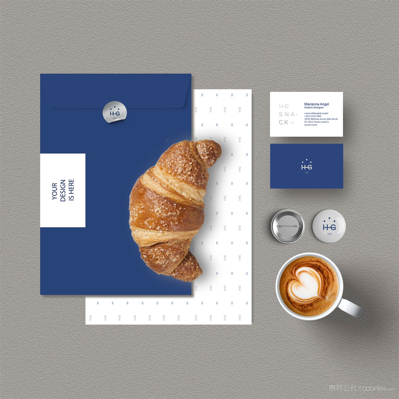 甜品店VI文件袋名片徽章贴图样机