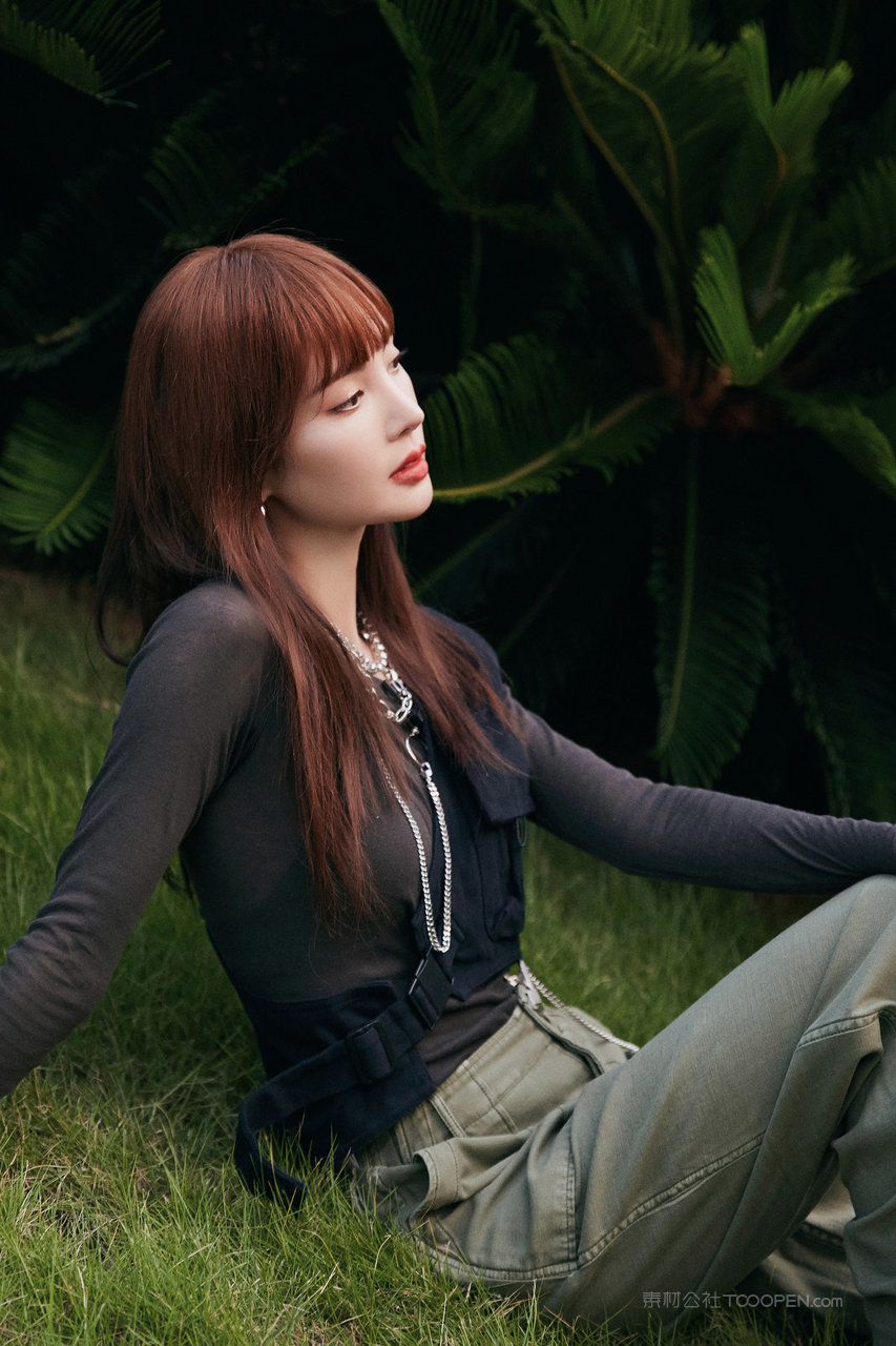 坐在草地上的美女明星金晨图片