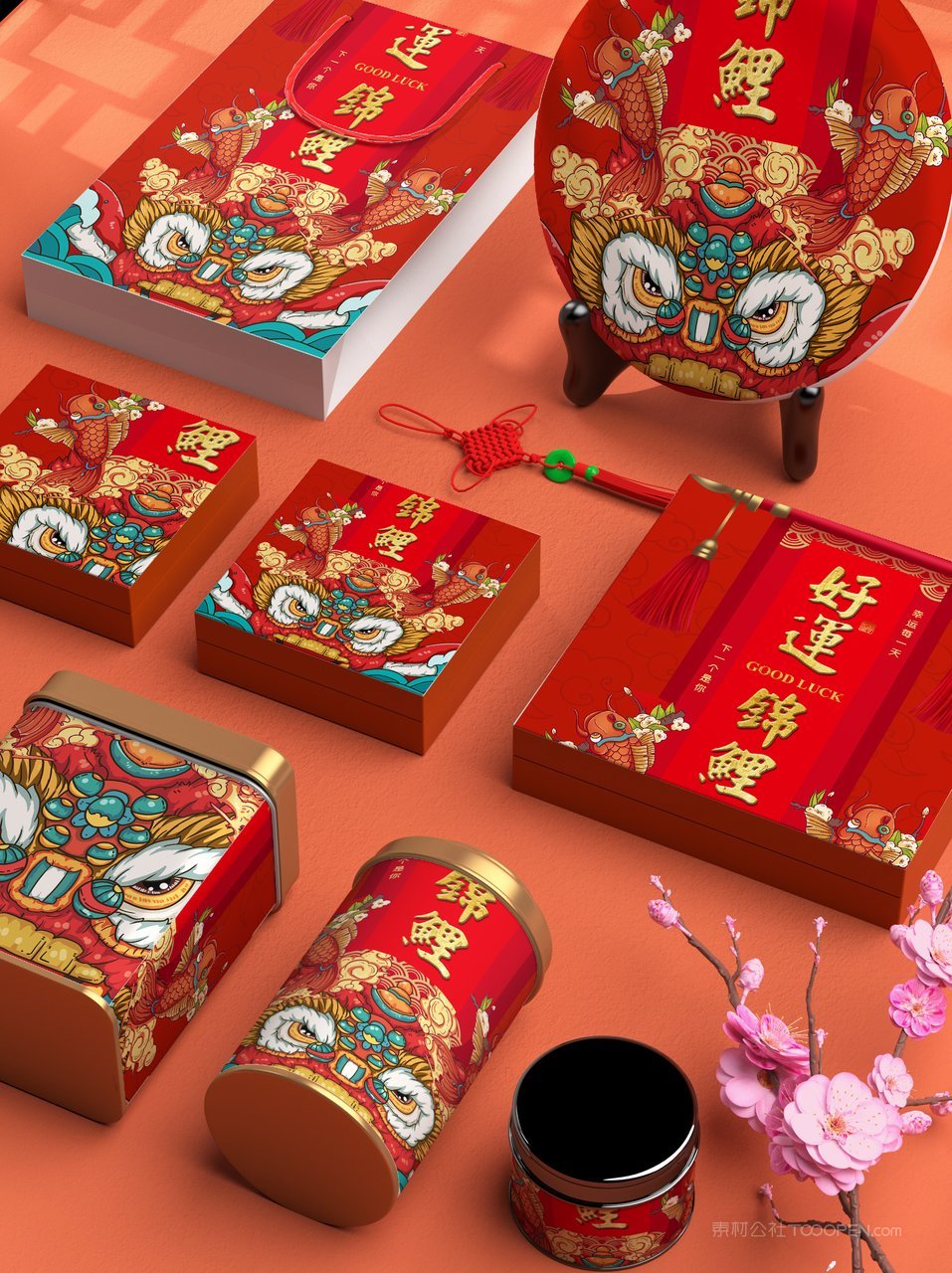 中国红国潮文创贺岁红礼盒样机