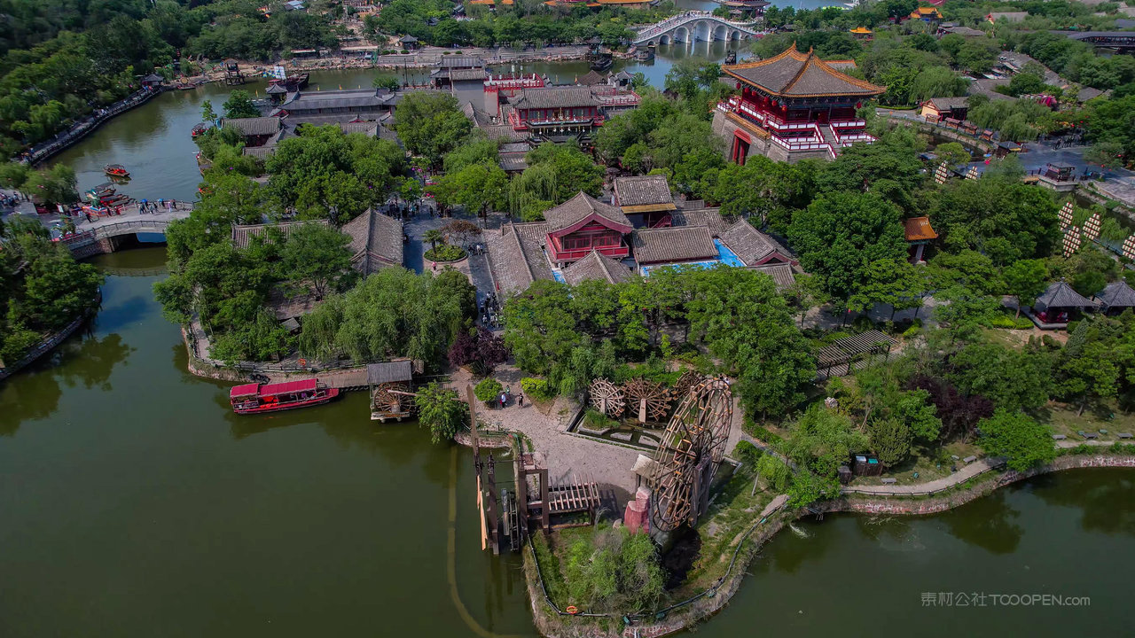 航拍5a景区开封清明上河园景区水车园景观区