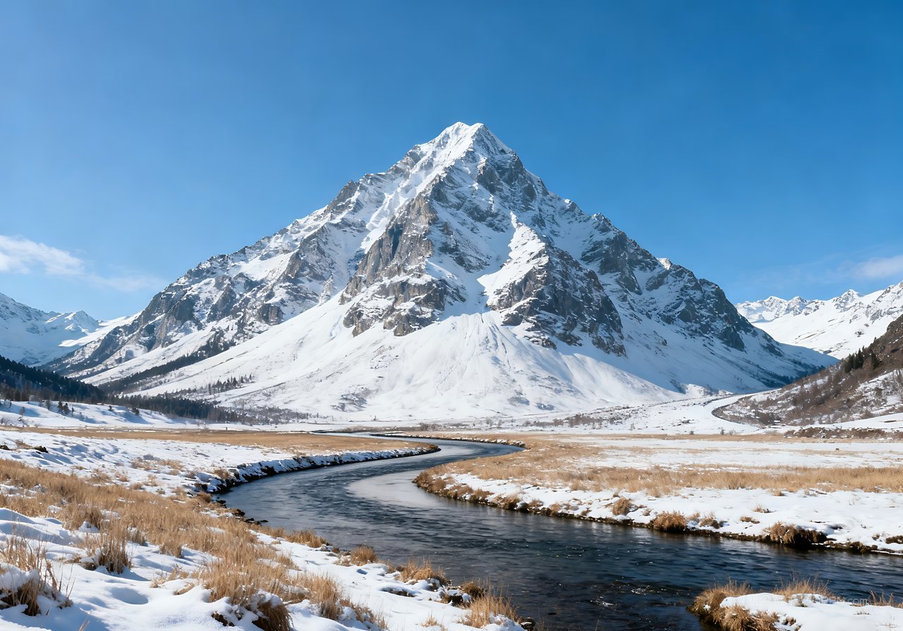 冬天唯美雪景山水冬季山峰风景自然河流