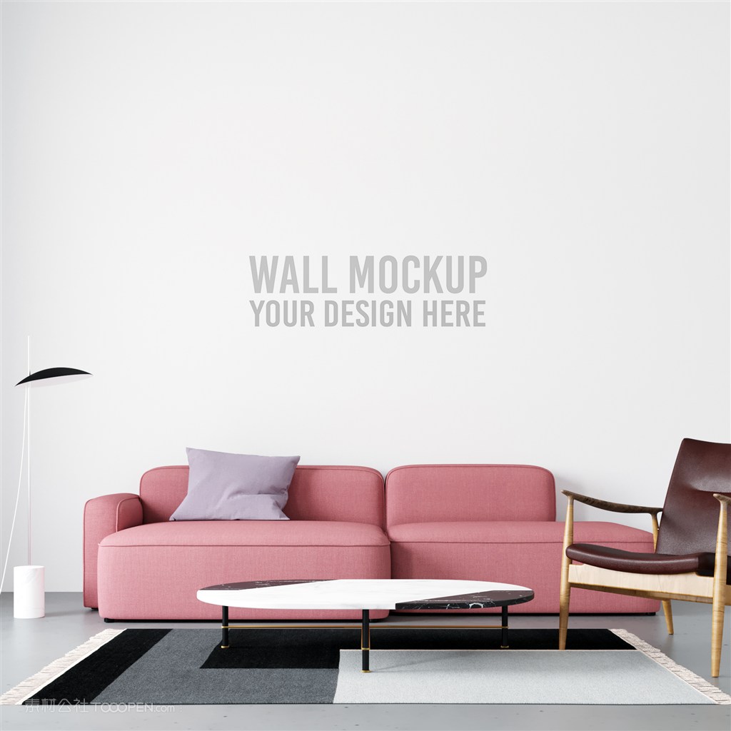 红色沙发背后的墙纸样机