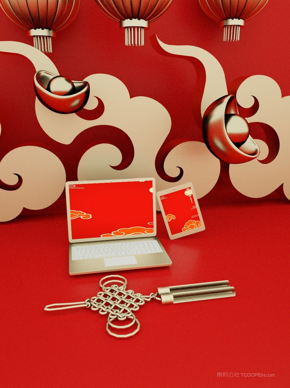 中国红国潮贺岁年货红色礼盒样机