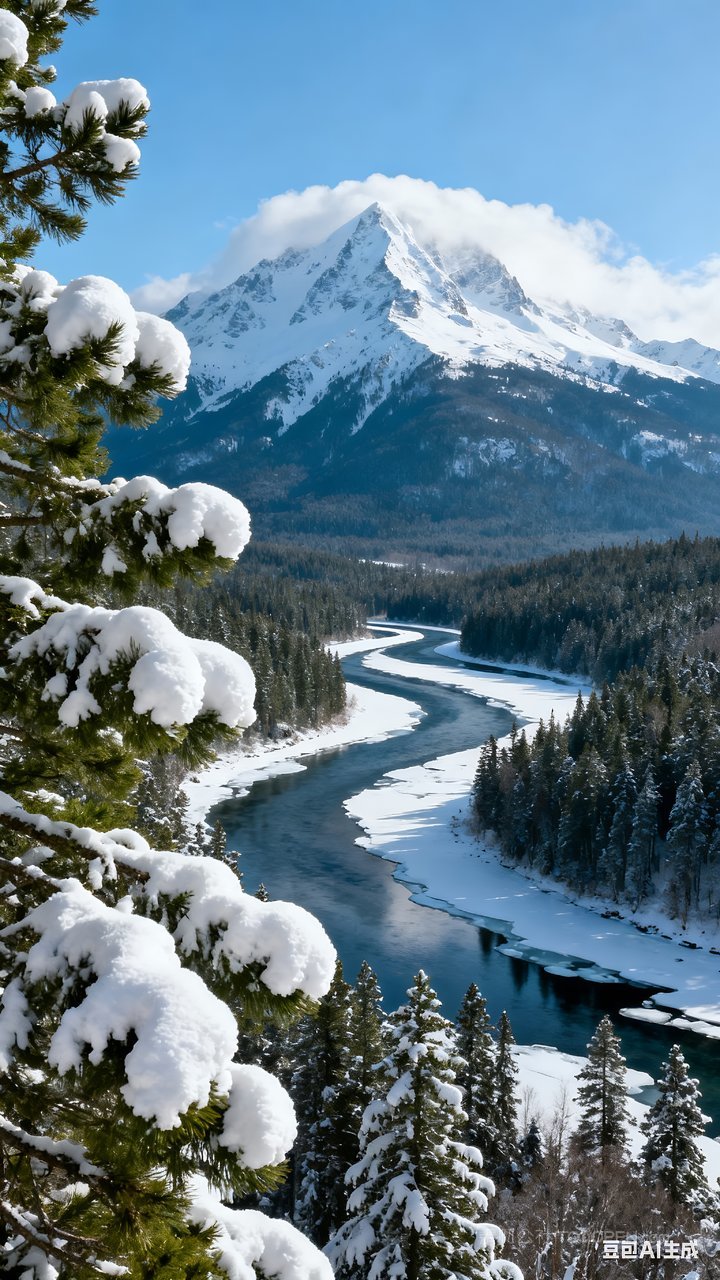 冬天风景雪山山水雪景唯美河流冬季山峰
