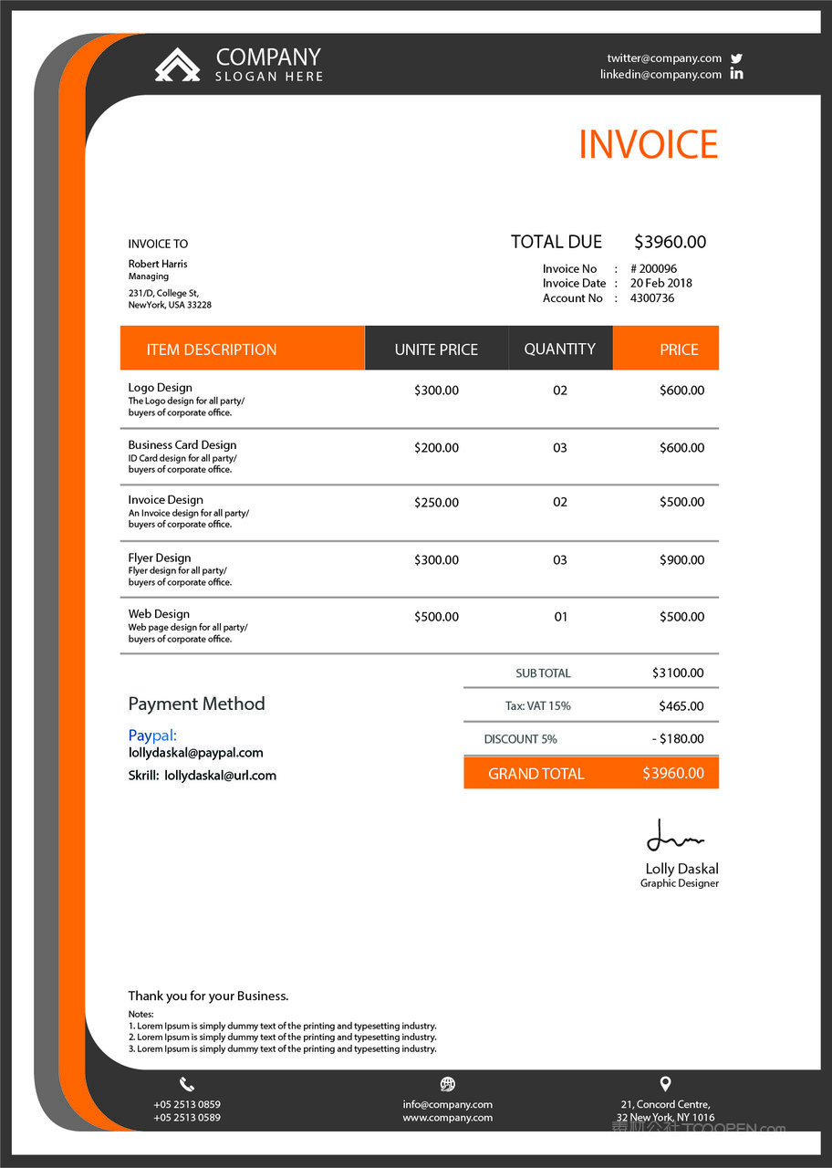 橙灰色搭配视觉元素发票