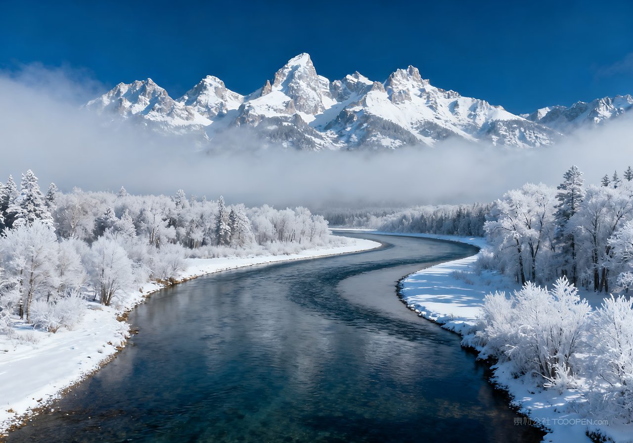 山峰山水冬季唯美风景冬天雪景河流
