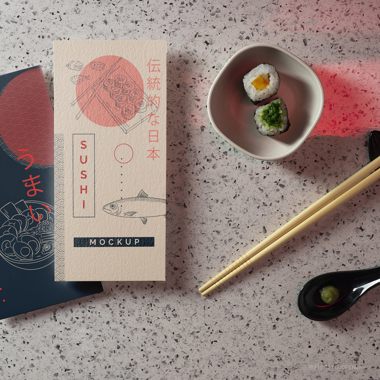 日式餐饮品牌vi名片正反面卡片贴图样机