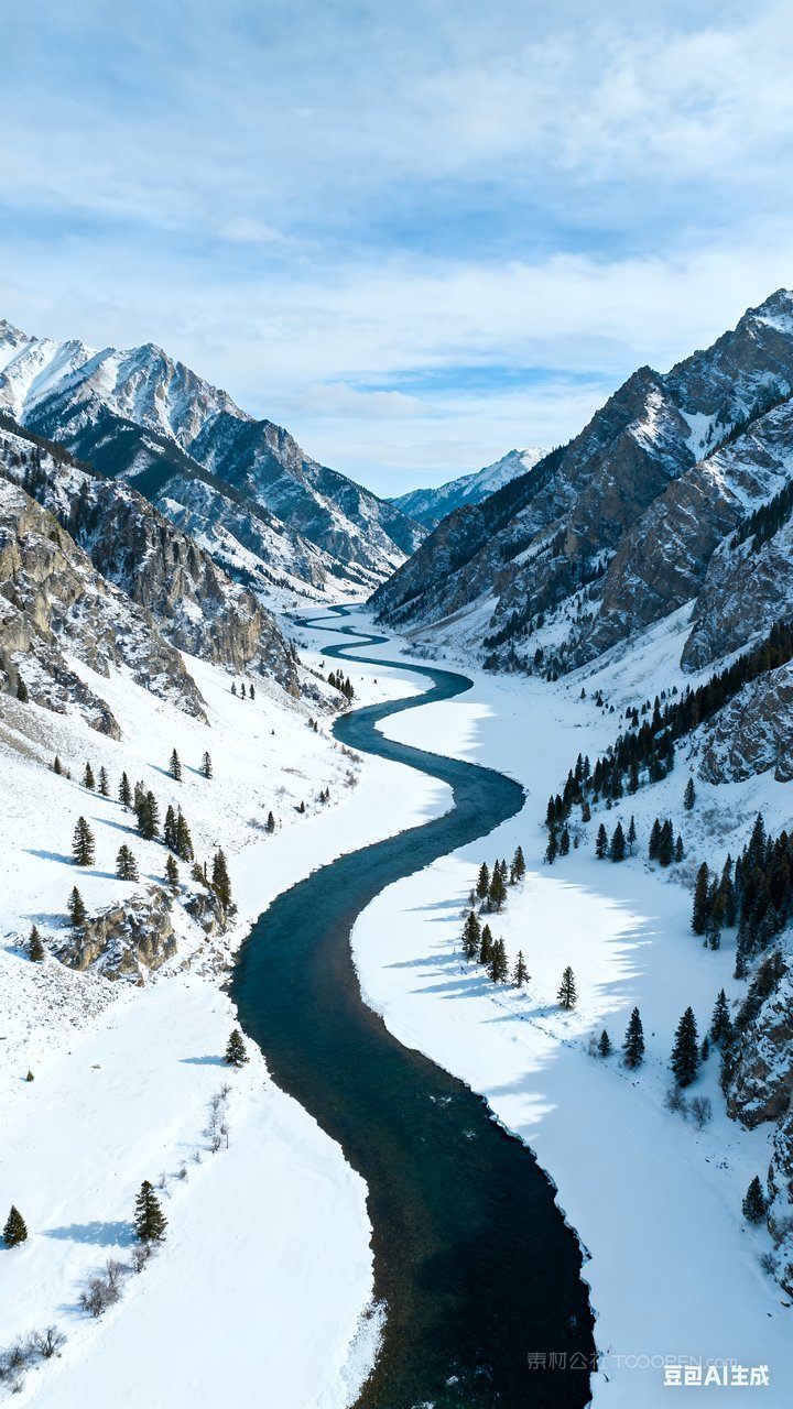 冬季河流山水风景雪山雪景山峰唯美冬天