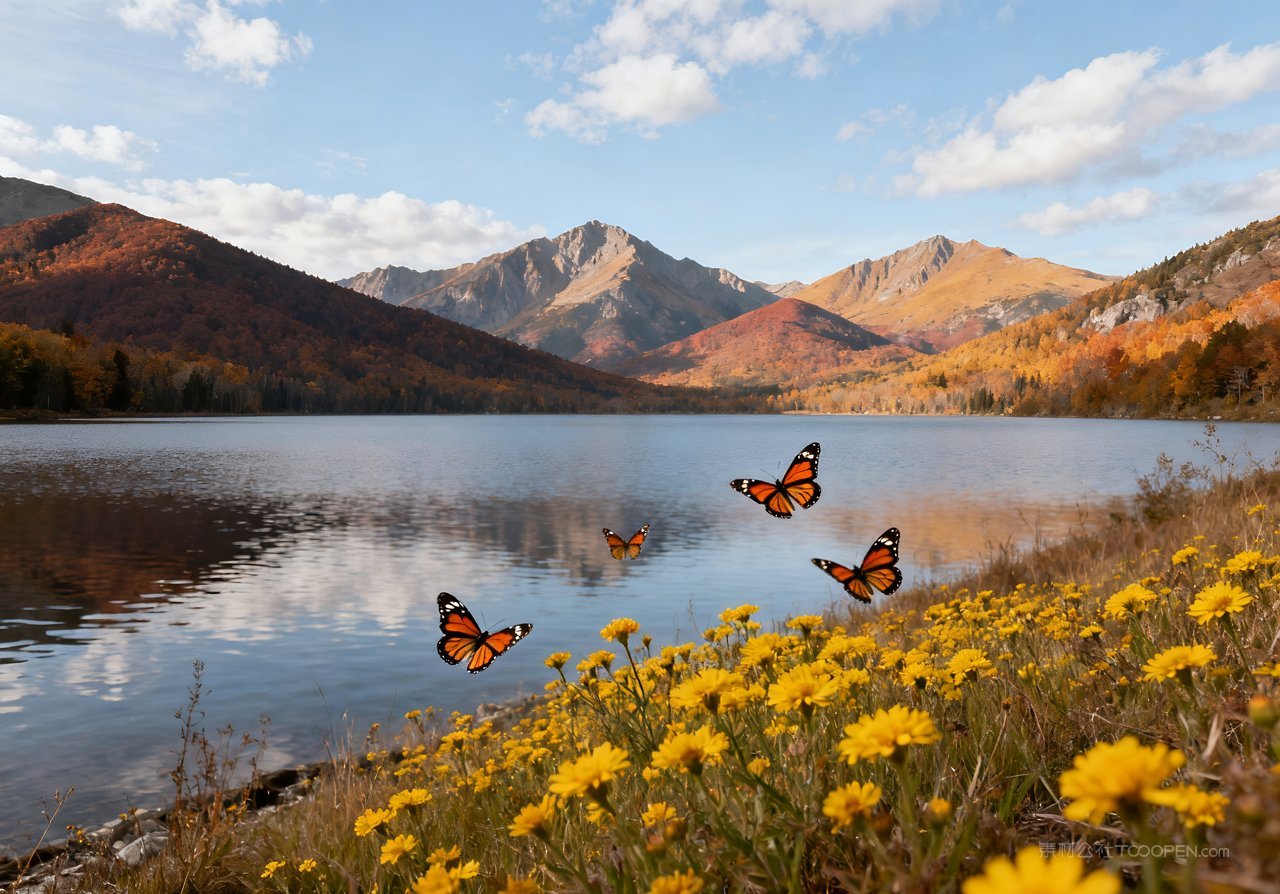 湖泊天空青山山峰唯美山水意境秋天