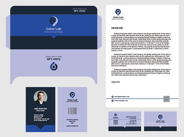 深蓝色企业视觉元信封工作证信头名片