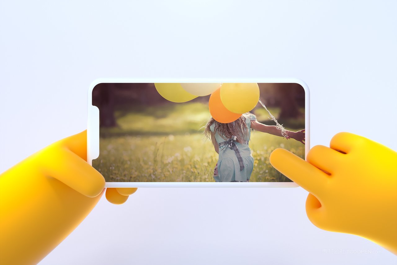 c4d立体卡通黄色手持横屏手机样机