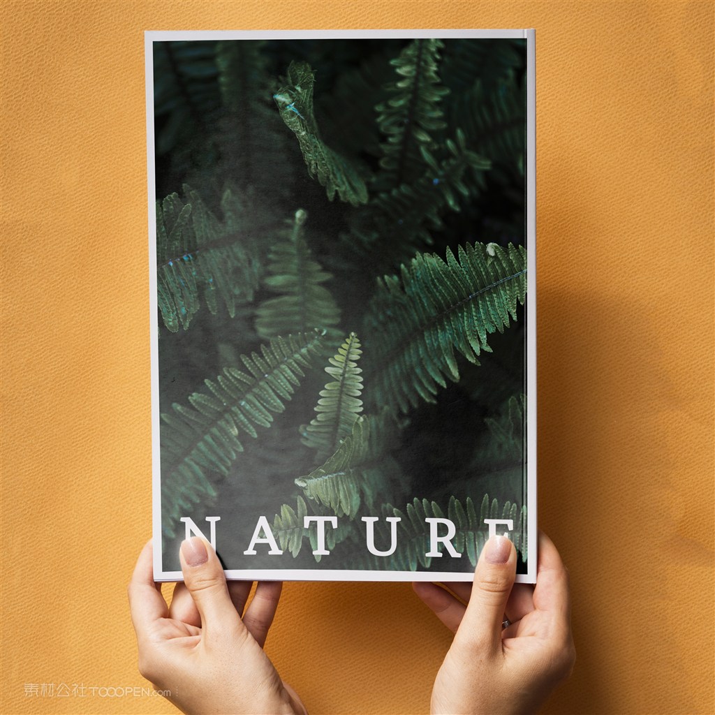 在橙色背景上手捧着一本自然杂志样机