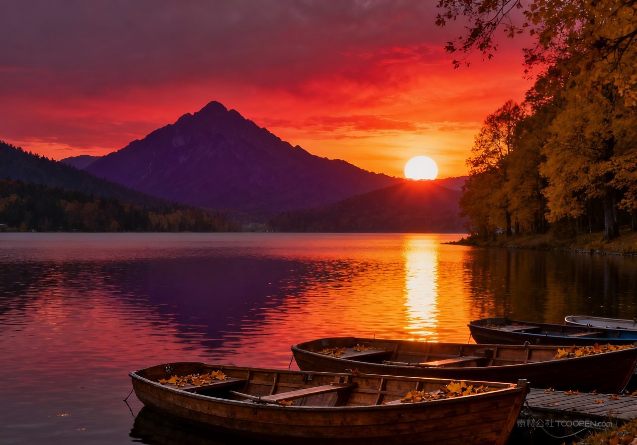 山水天空秋季意境唯美湖泊青山山峰