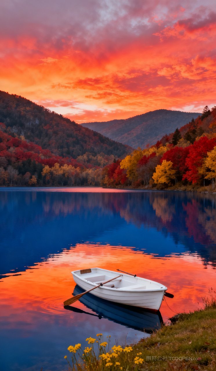 秋季天空唯美树木山峰山水风景湖泊秋天