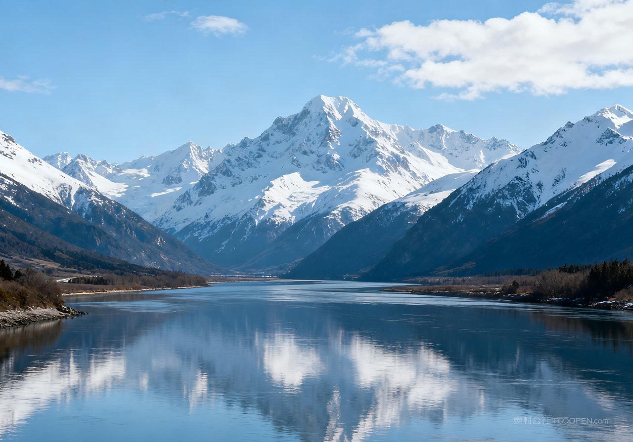 河流山峰冬季风景冬天唯美雪景山水