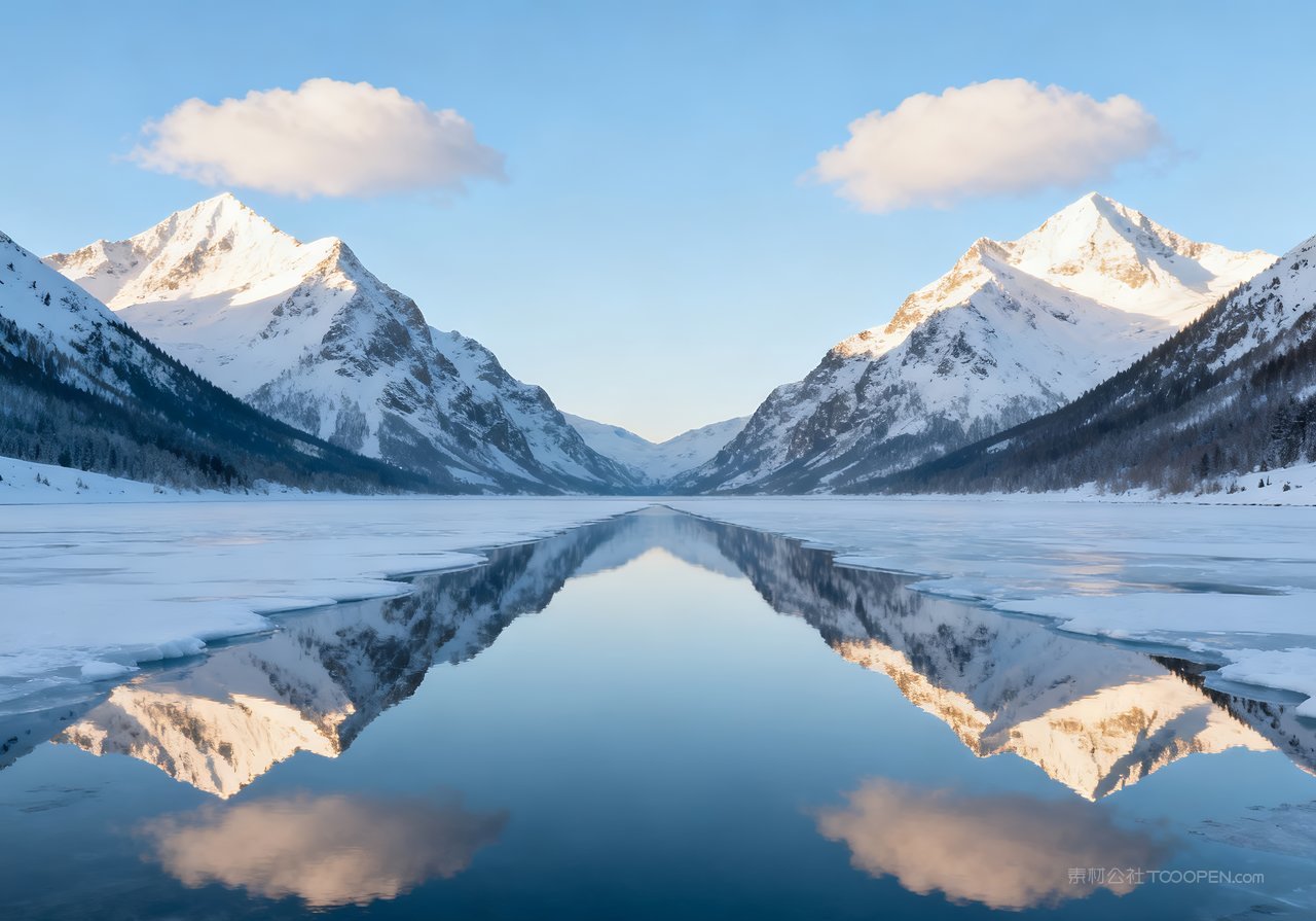 山峰风景唯美山水雪景冬季河流自然冬天