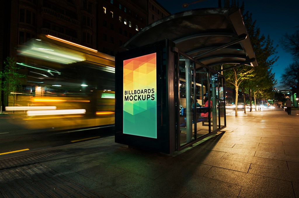 街头户外站台候车棚T牌灯箱广告牌样机图片下载