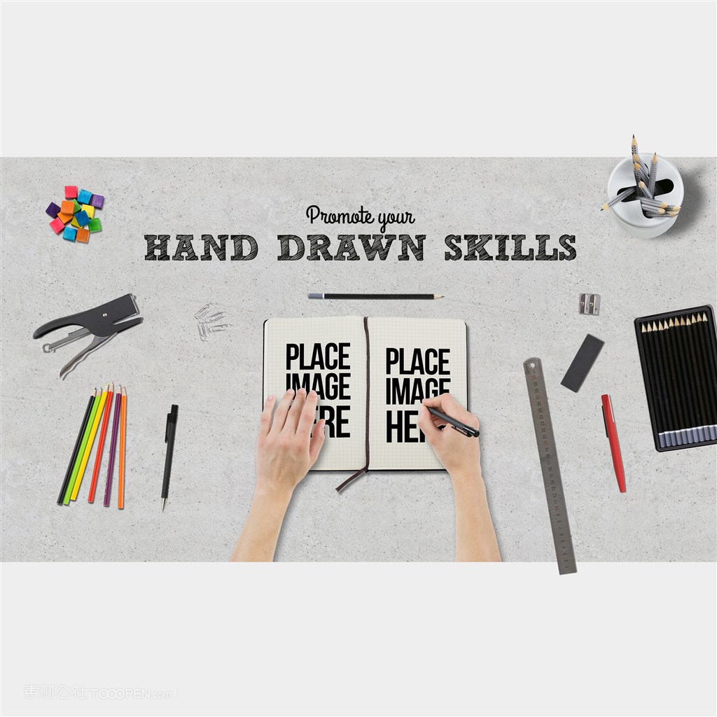 笔记本手绘草稿桌面场景展示样机