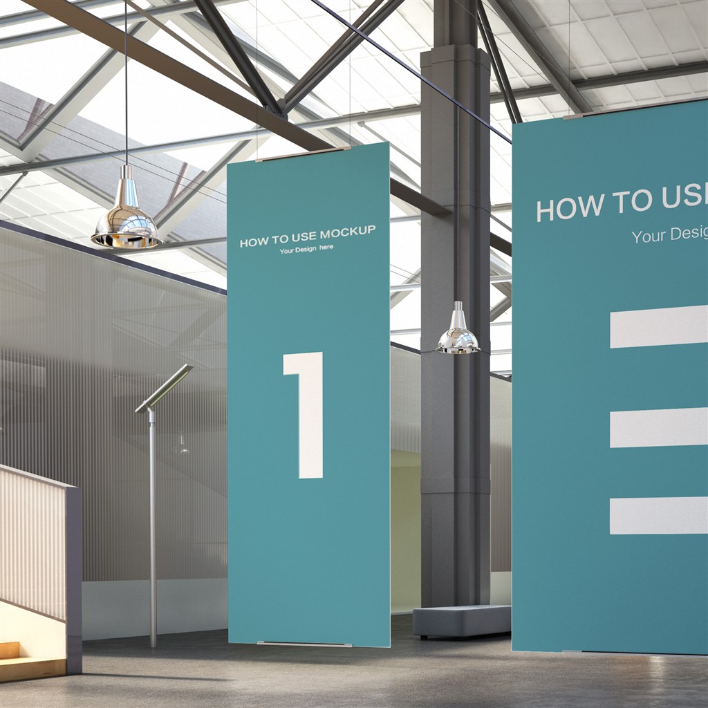 蓝色室内吊旗样机