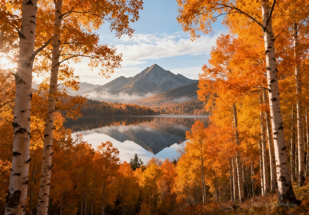 意境山水湖泊唯美山峰秋天天空