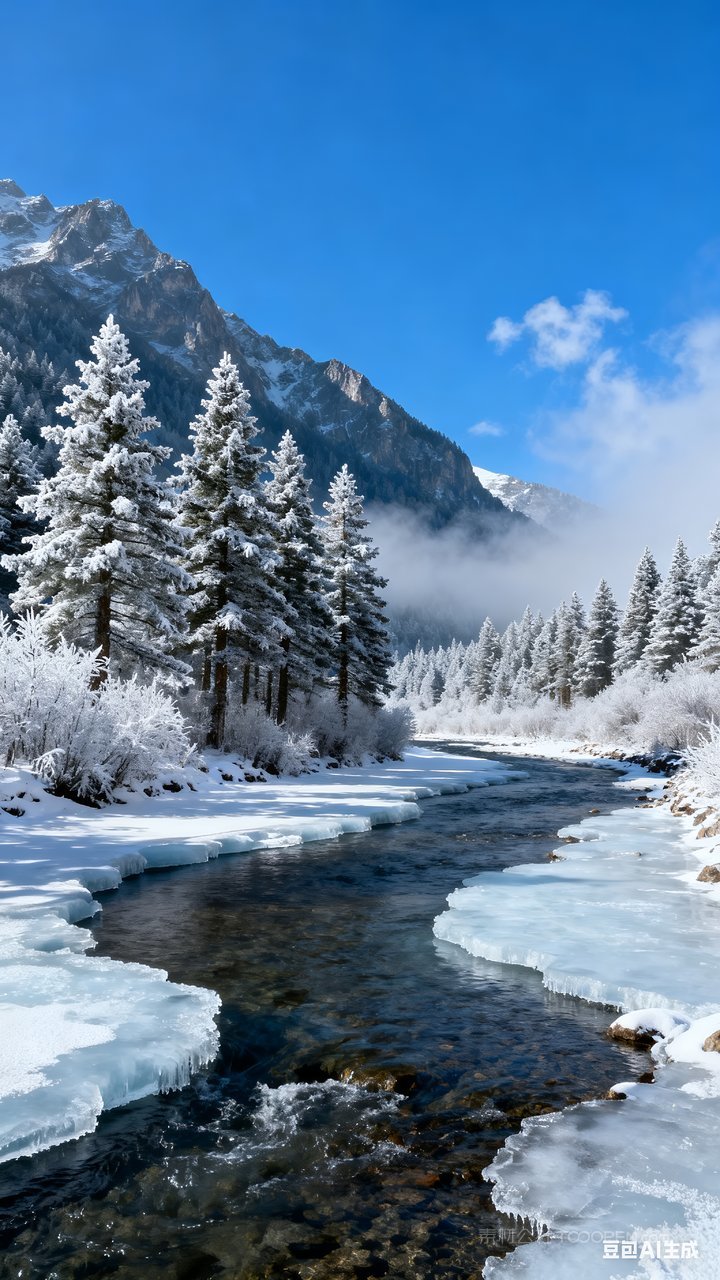 冬季山峰雪山唯美雪景河流风景山水冬天