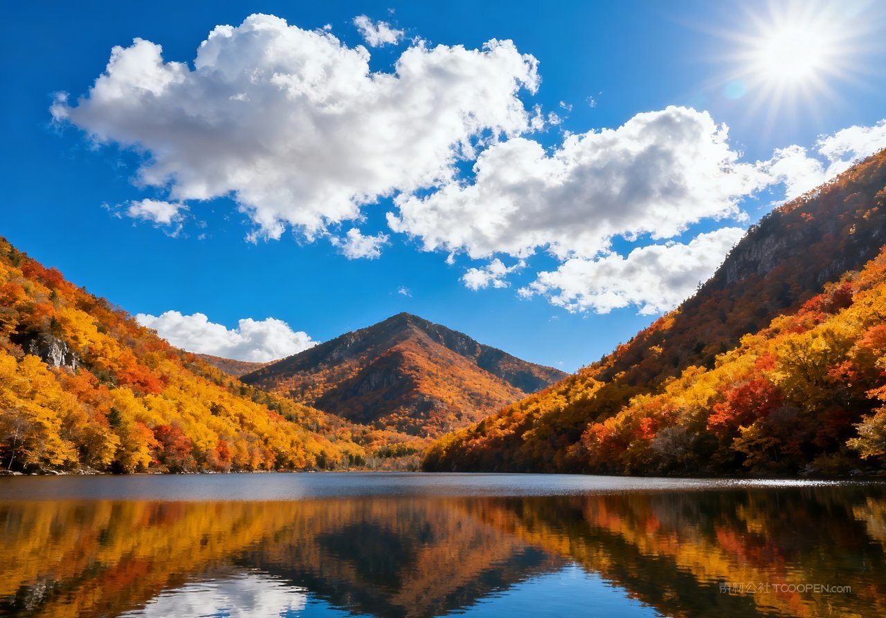 秋天天空山峰湖泊意境山水唯美