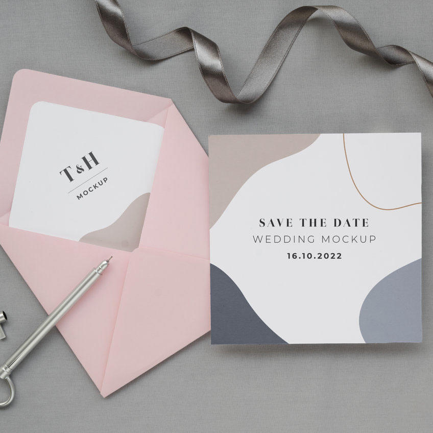 简约婚礼贺卡和粉色信封样机