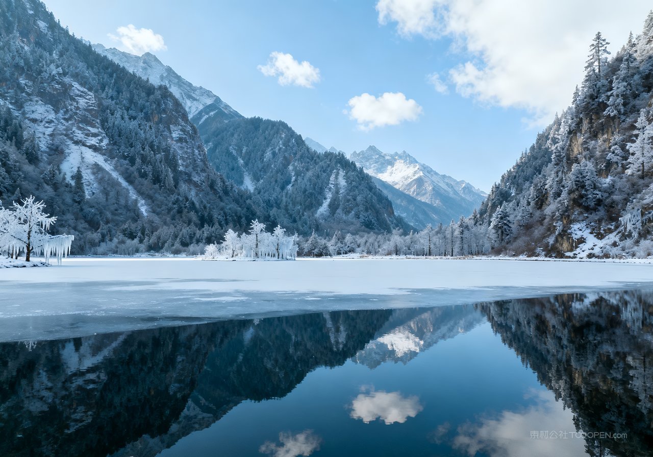 山水风景冬天河流自然山峰冬季唯美雪景