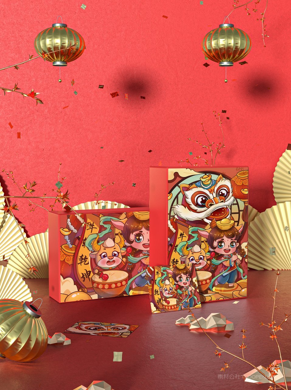 国潮牛贺岁年货红色礼盒样机