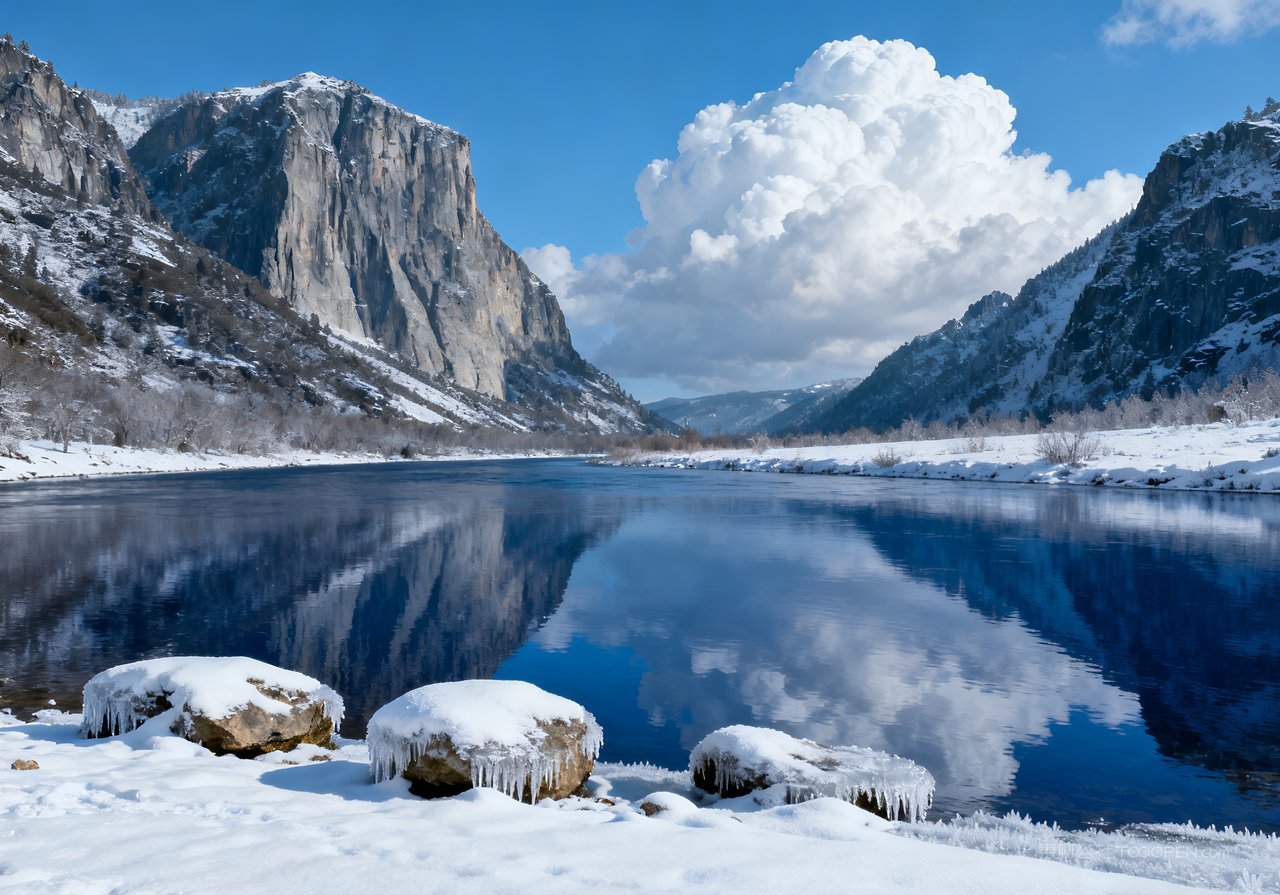冬季山峰山水唯美雪景风景冬天河流