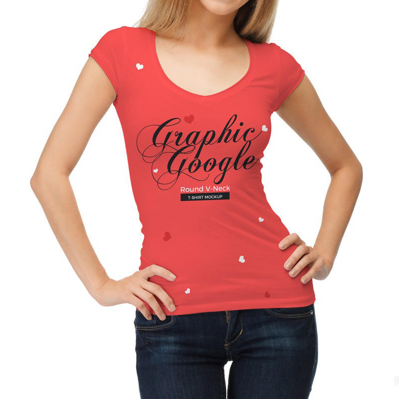 美女圆V领T恤样机