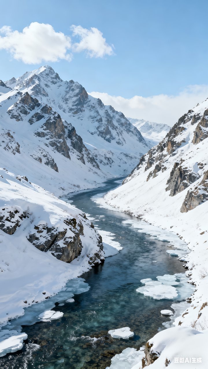 雪景山峰冬季唯美雪山风景冬天山水河流