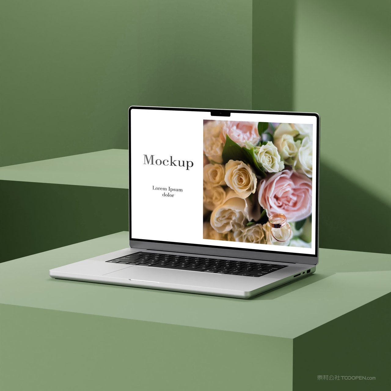 清新绿色光影效果展示台上的笔记本电脑贴图样机