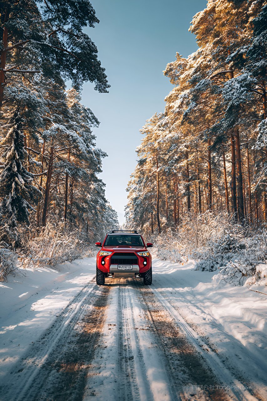 行驶雪路光影洁白