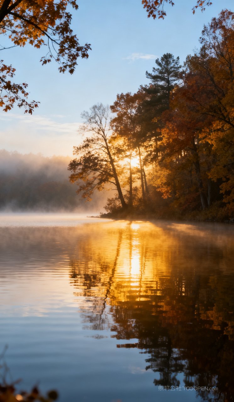 山水秋季天空秋天树木唯美风景山峰湖泊