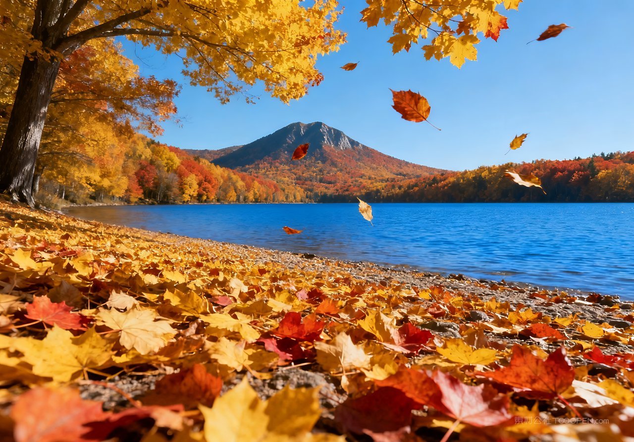 湖泊天空秋天山水意境唯美青山山峰