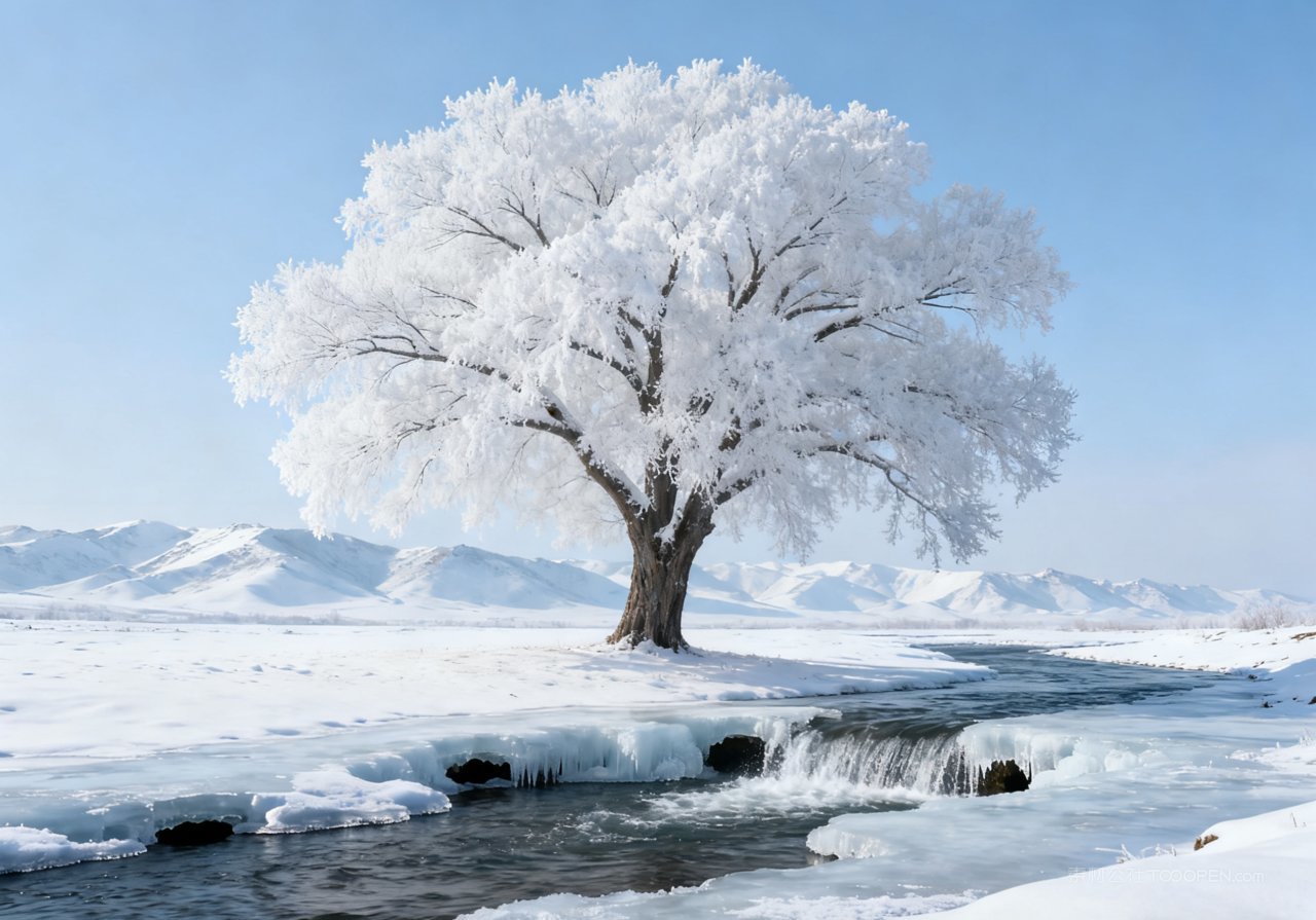 冬季冬天雪景山水河流风景山峰天空