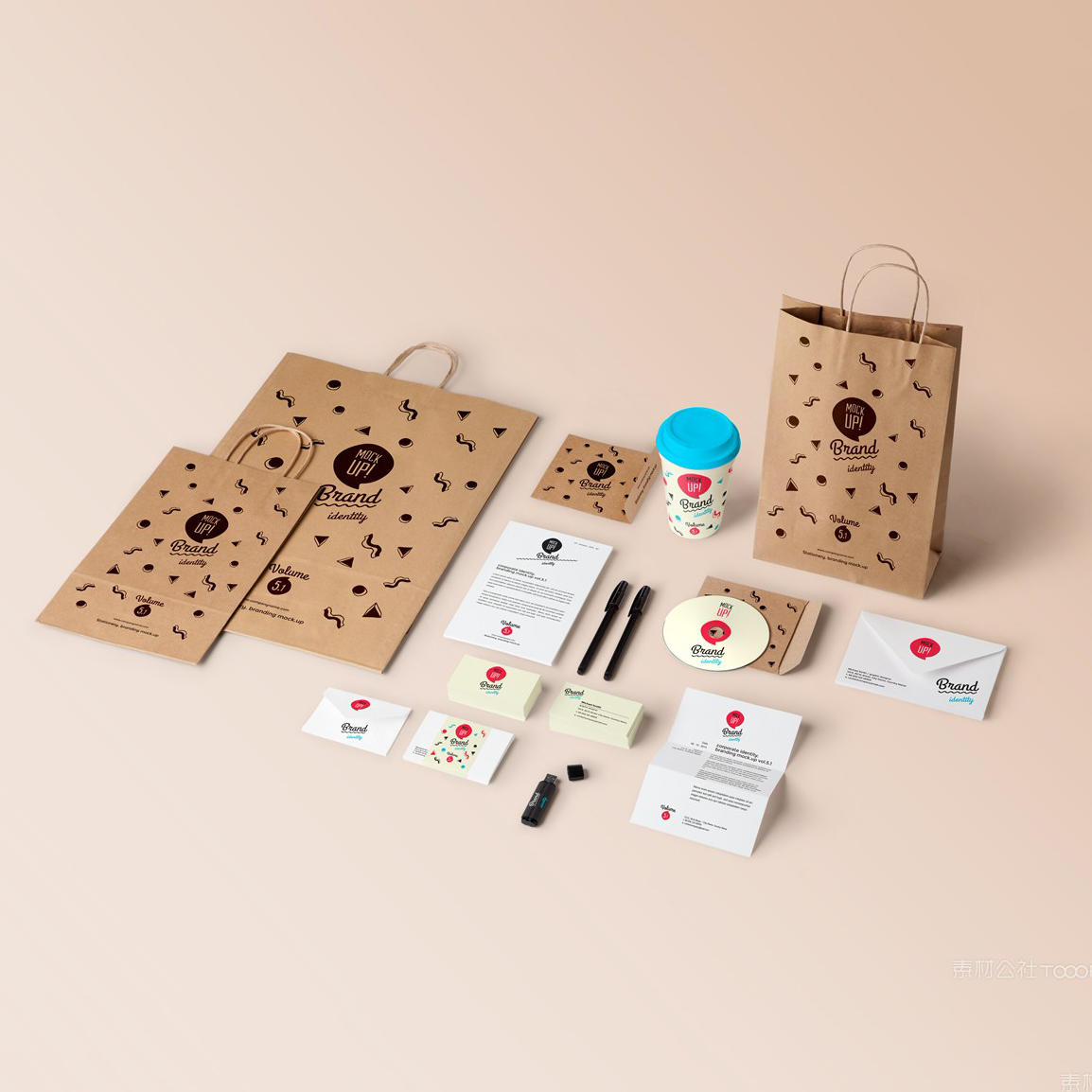 环保袋手提袋纸袋一次性纸杯信纸信封名片光盘封面餐饮外卖VI样机