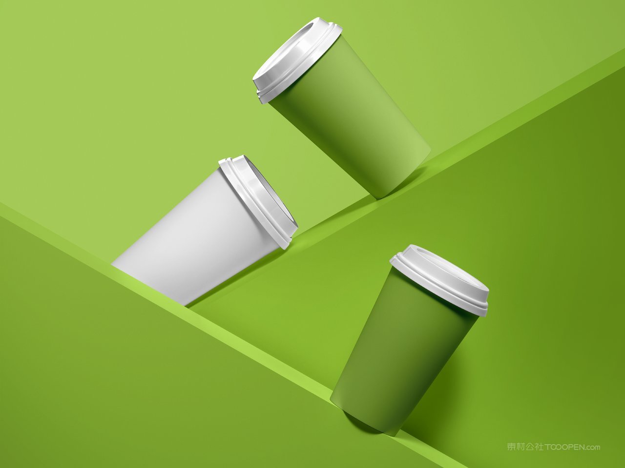 绿色三杯奶茶咖啡饮料餐饮品牌vi包装样机