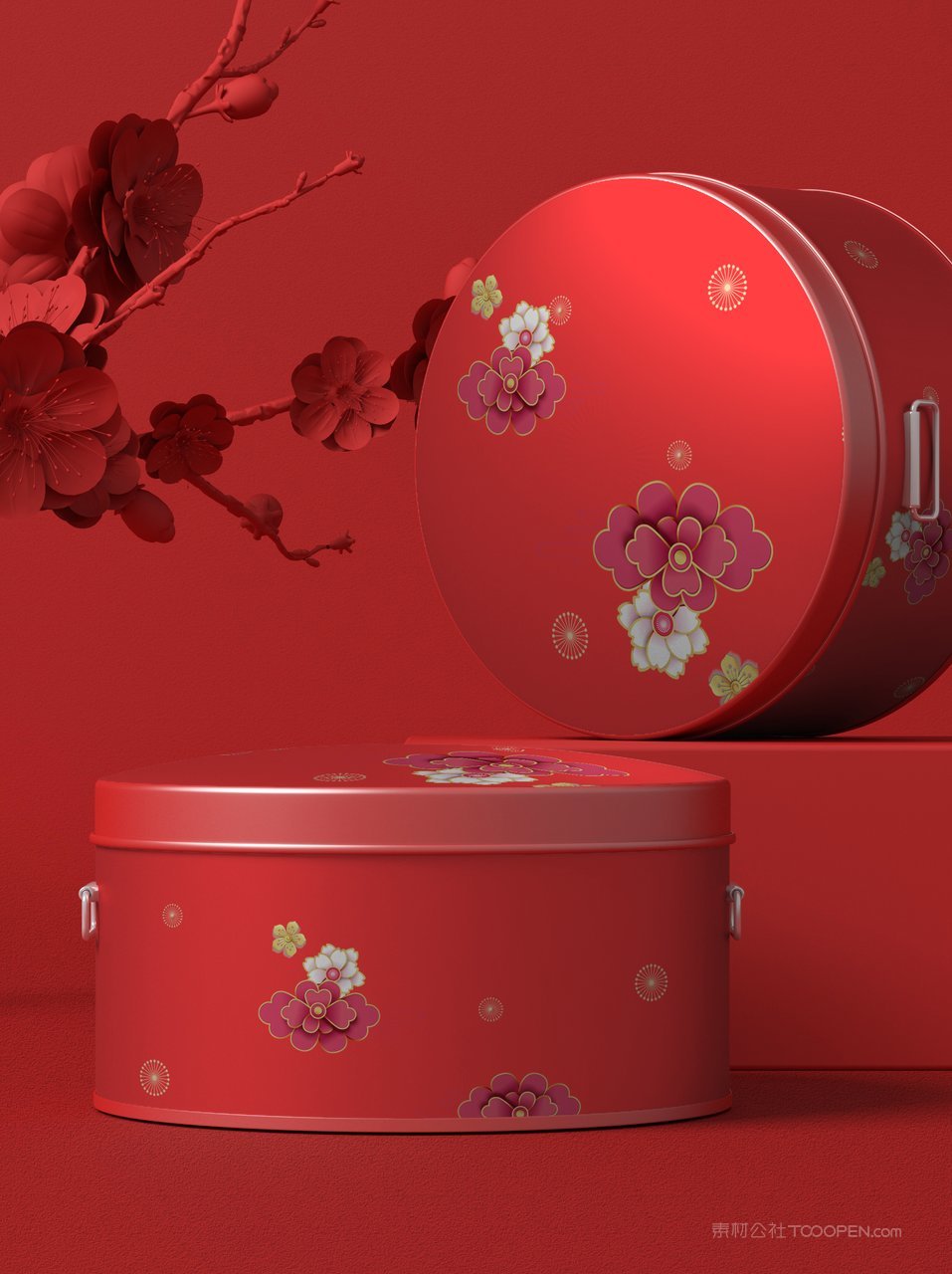 中国红潮文创贺岁年货圆罐礼盒装样机