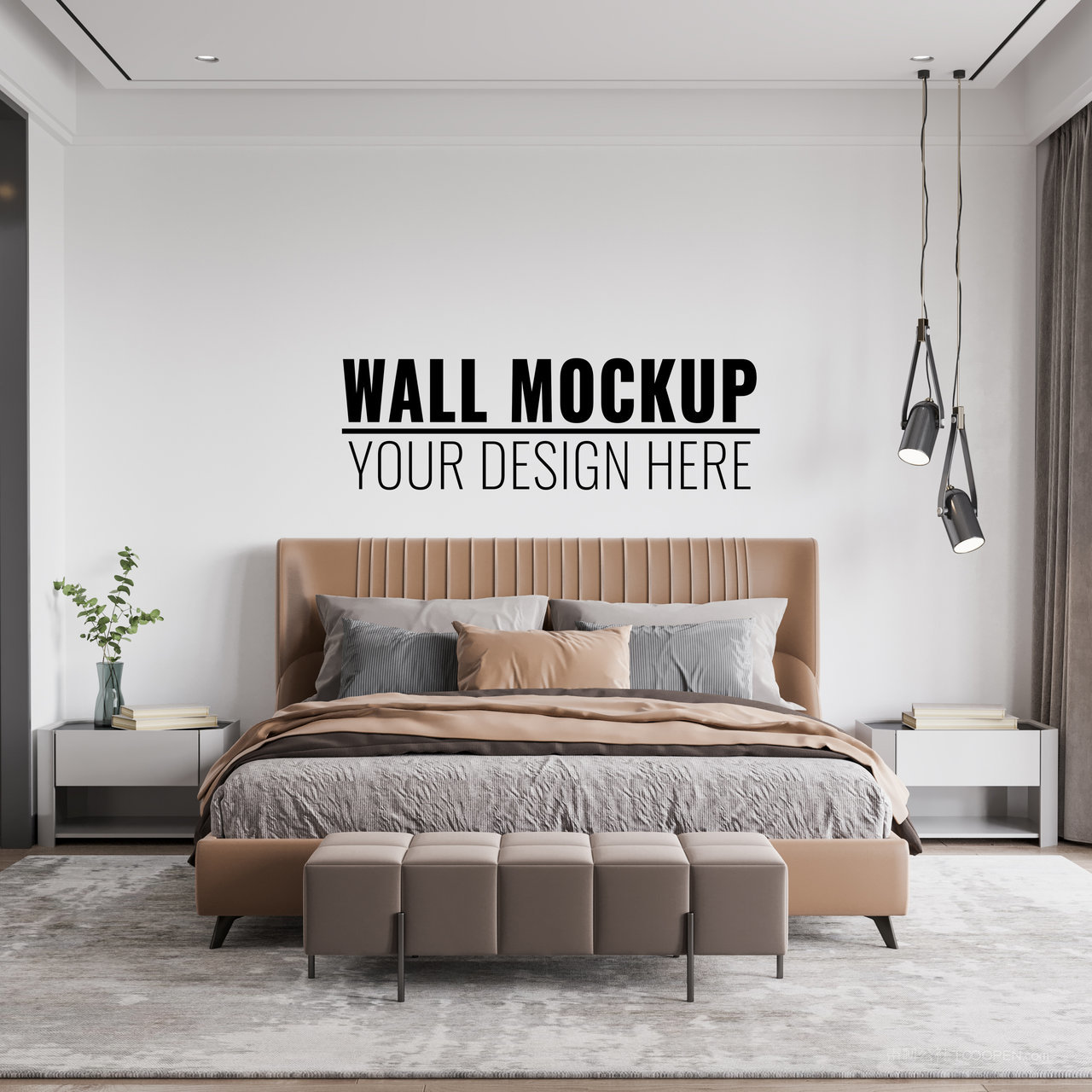 温馨卧室床头背景墙贴图样机