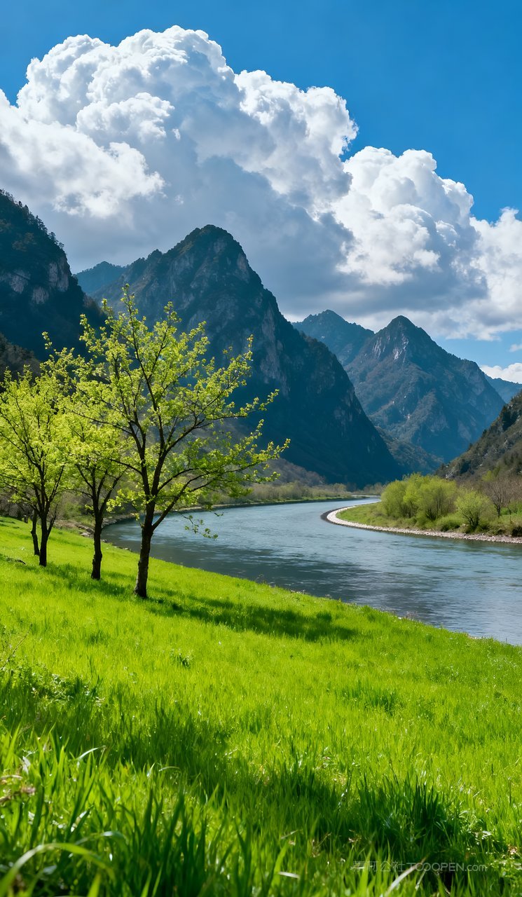 山水天空自然唯美春天河流风景意境山峰