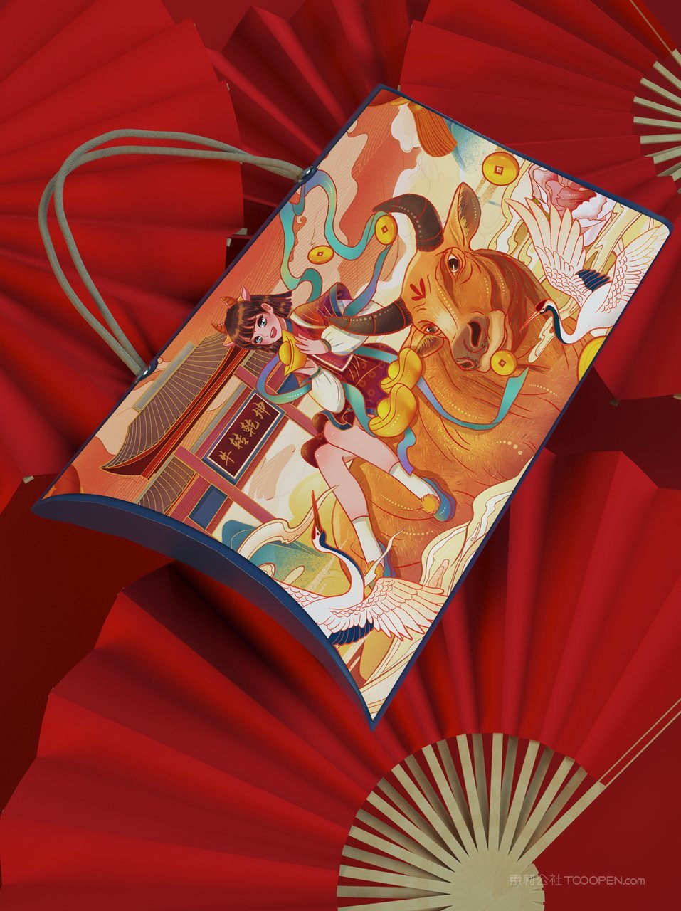 中国红国潮牛文创贺岁年货红色礼盒样机