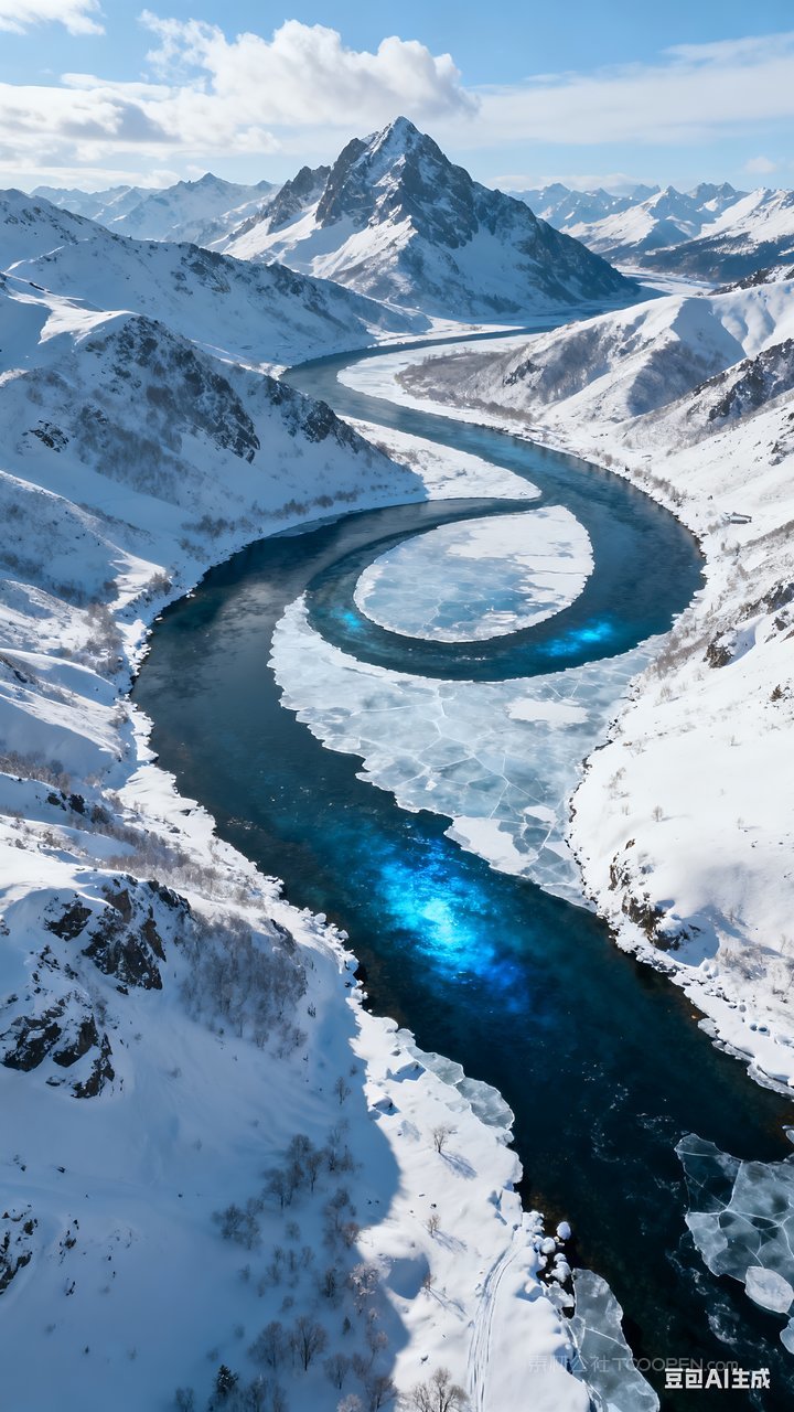 河流雪景山水雪山风景冬天山峰唯美冬季
