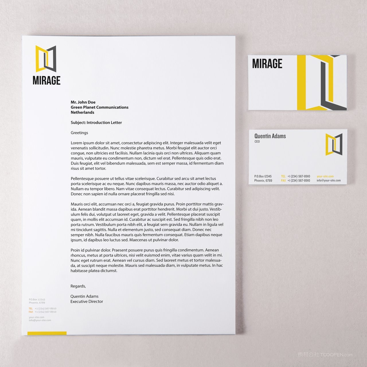 黄色系名片精致信纸办公用品品牌vi样机